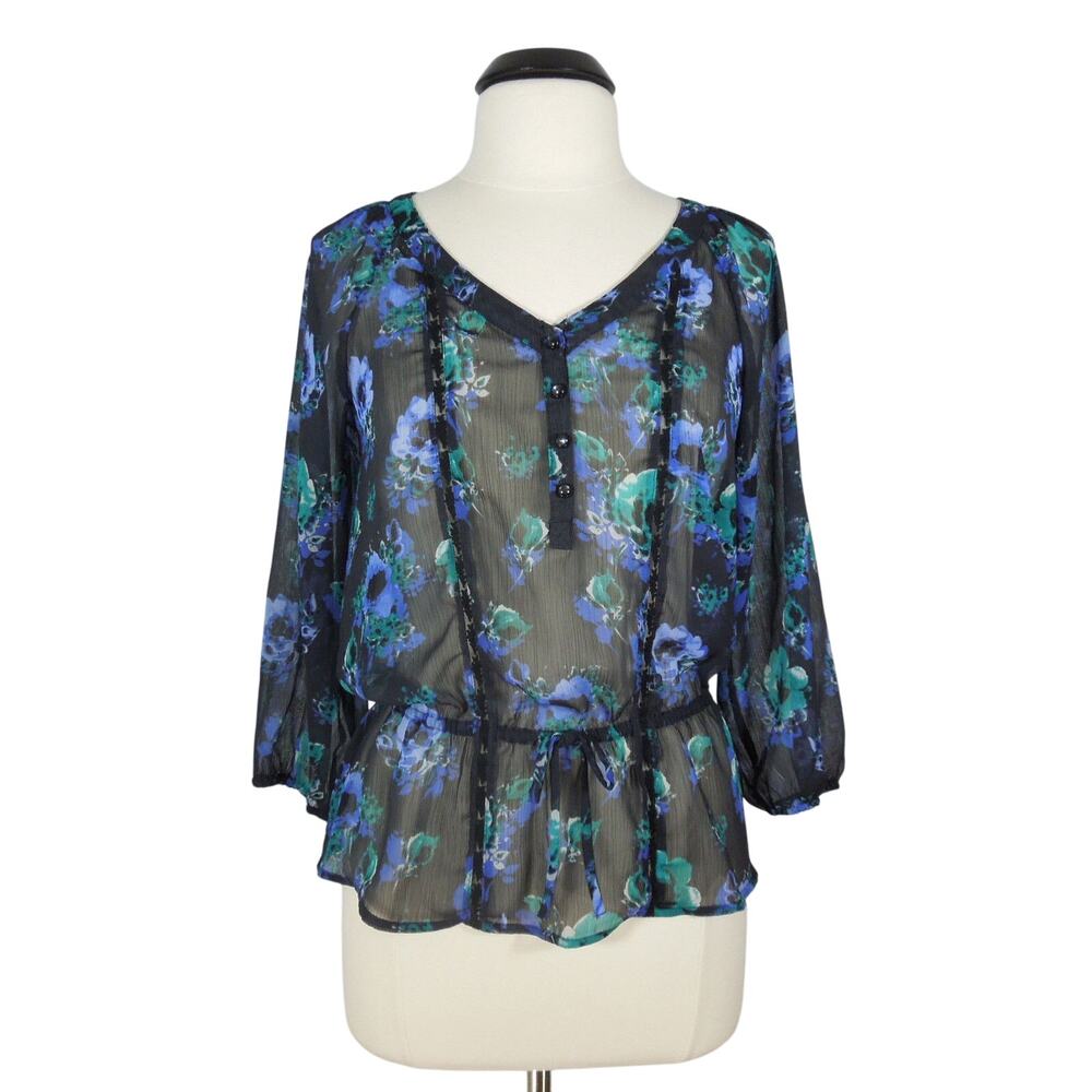 INKED & FADED Blouse S SMALL Womens Sheer Blue Floral